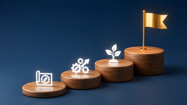 Strategic business growth stages shown by ascending wooden platforms featuring planning tools and ending with a golden flag of success