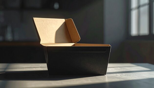 Open black cardboard container on a sunlit table, hinting at food delivery or takeout services and product packaging