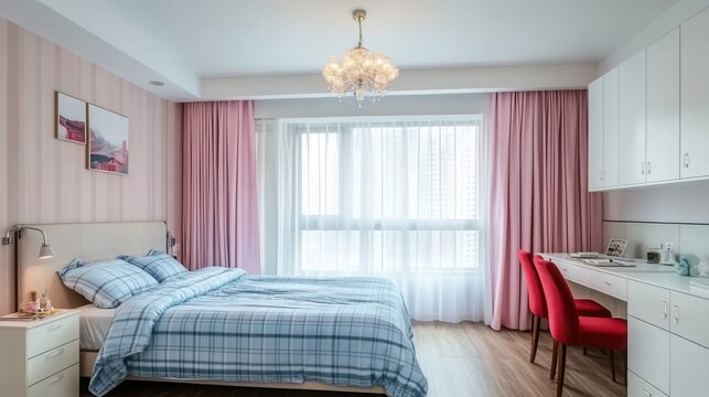 Modern bedroom with pink curtains and a study desk