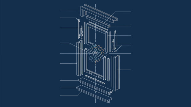 Technical blueprint of window frame assembly exploded view schematic. EPS Editable. Vector Illustrations.