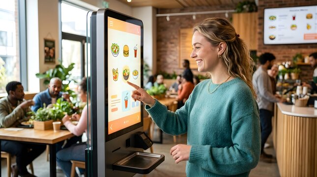 Young woman using a digital self service kiosk to order food in cafe