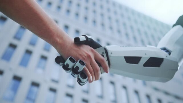 Technological cooperation captured through handshake between AI robot and startup founder in urban setting