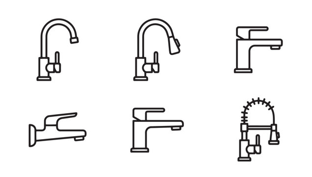 Collection of modern kitchen and bathroom sink water faucets with plumbing bathroom hardware contemporary interior lavatory renovation illustration collection equipment installation