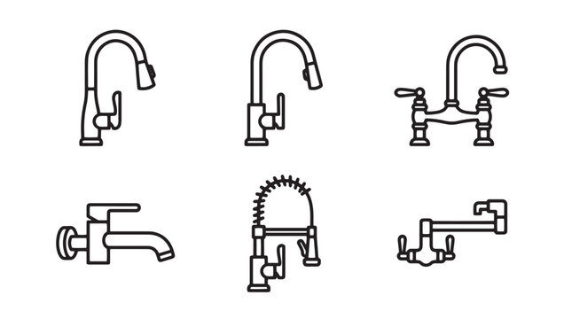 Linear icons of various kitchen water faucet sink fixtures with plumbing bathroom hardware contemporary interior lavatory renovation illustration collection equipment installation building