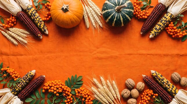 Harvest thanksgiving decor with pumpkins corn and nuts on orange background