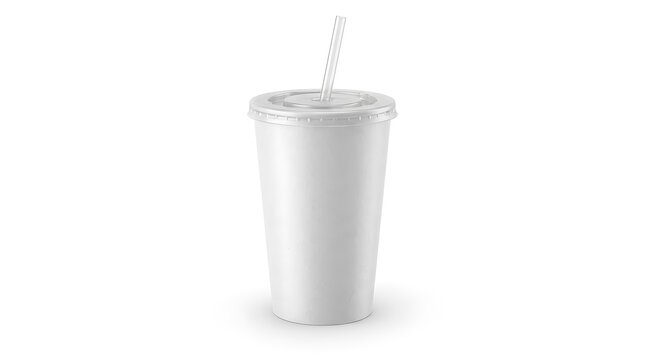 Blank white paper cup with plastic lid and straw for cold drinks. fountain soda cup