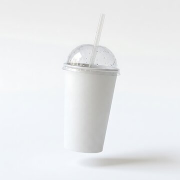 Blank white paper cup with a plastic dome lid and a straw for cold drinks. fountain soda cup