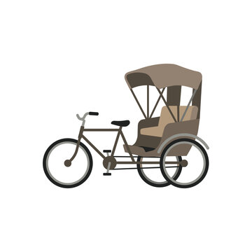 Brown bicycle rickshaw transport vehicle isolated on plain white background.