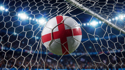 Naklejka premium Soccer ball featuring the England flag design in the goal net at a stadium.