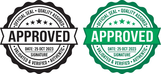 Obraz premium Two flat vector graphic badges featuring approved quality seals with stars and professional text layouts