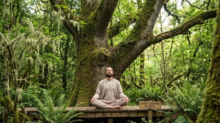 Fototapeta premium Peaceful Man Meditating in Lush Green Forest on Wooden Platform for Mindfulness and Wellness Retreat