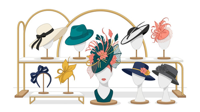 Collection of elegant fashion hats displayed on mannequin heads in a boutique store. EPS Editable. Vector Illustrations.