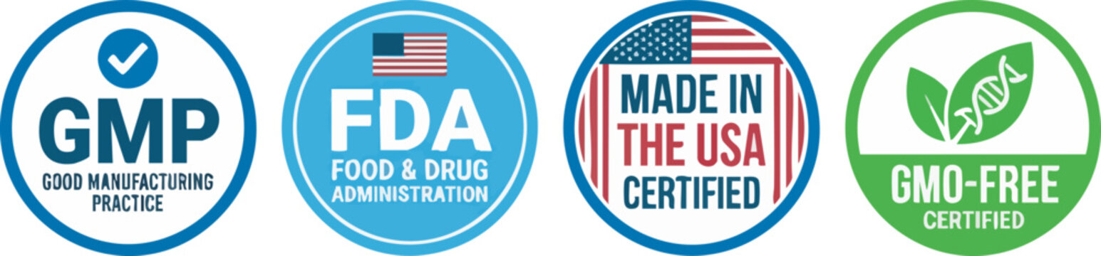 Set of four circular vector graphic certification badges featuring various regulatory standards and quality assurance labels