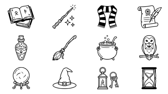 Magical Fantasy Icons: Wand, Book, Potion, Owl, Hat, Broomstick, Cauldron, Scroll, Hourglass