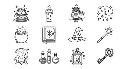 Fototapeta premium Magical Icons Set: Witchcraft, Spells, Fantasy, Celebration, Mystery, Enchantment, Alchemy