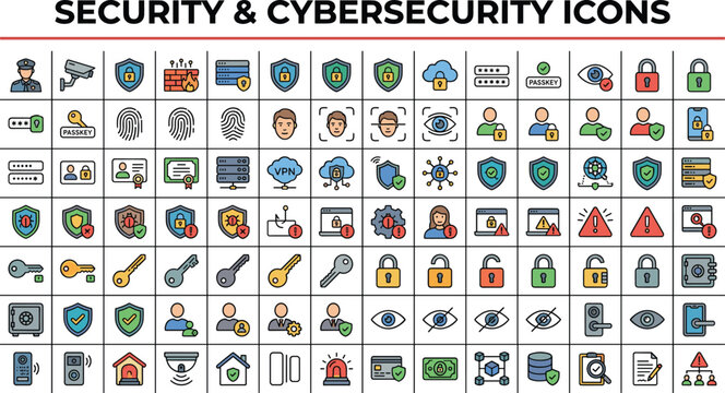 Security and cybersecurity protection icon set featuring flat linear outline design elements for data safety network website UI and computer software apps