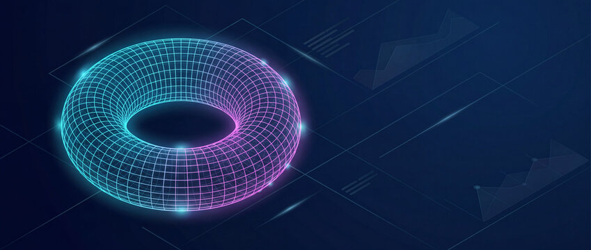 Neon wireframe donut chart illustration with glowing blue and pink isometric grid lines on a dark tech background, perfect for financial data visualization and analytics presentation templates