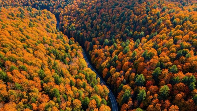 Bird's eye view of winding road in autumn woods.