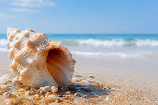Gro&szlig;e Muschel am sonnigen Sandstrand mit t&uuml;rkisblauem Meer