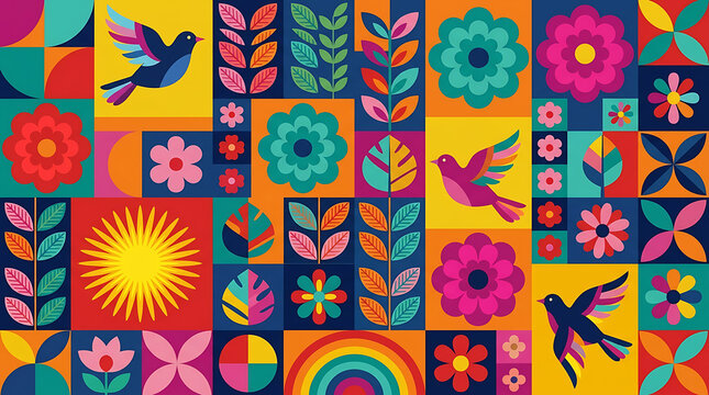 Colorful folk art pattern with birds flowers and leaves
