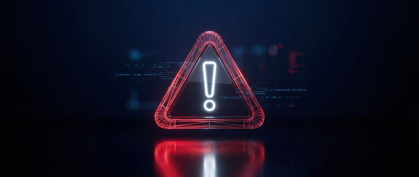 D glowing red warning sign with a bright white exclamation mark on a dark digital background, featuring neon wireframe details for cybersecurity and system error concepts