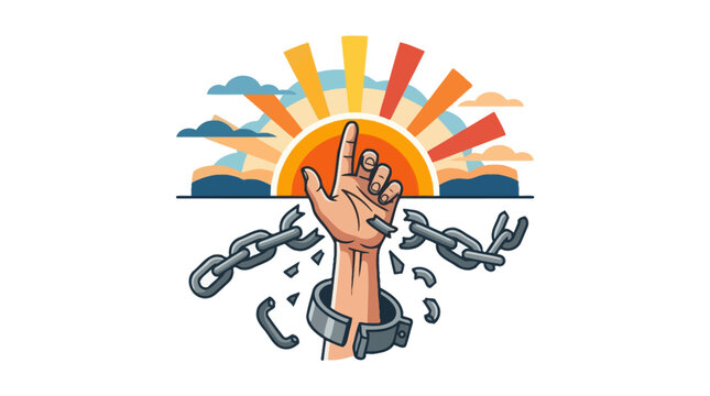 Hand breaking metal chains reaching towards the rising sun. EPS Editable. Vector Illustrations.