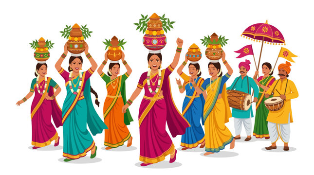 Indian women celebrating Bonalu festival carrying decorated kalash pots on heads vector illustration. EPS Editable. Vector Illustrations.