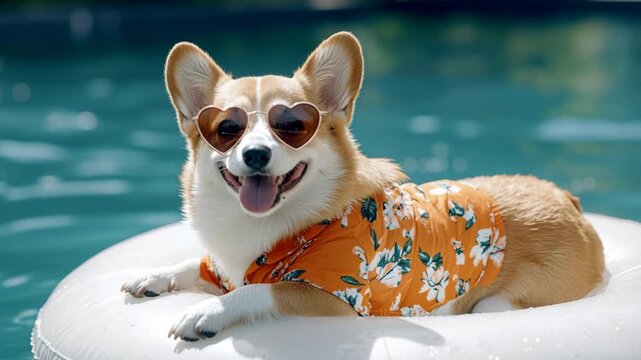A cute corgi wearing heart-shaped sunglasses and a floral shirt relaxing on a pool float.