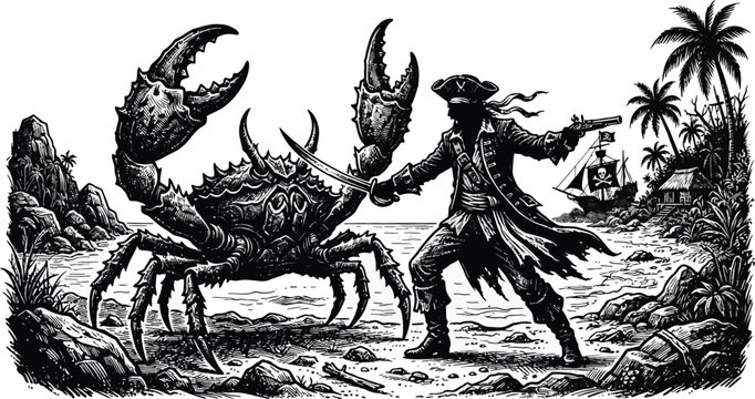 Vintage Woodcut Style Pirate Fighting Giant Sea Crab on Tropical Beach Island with Pirate Ship and Palm Trees Vector Illustration, Nautical Adventure Art Graphic and Sea Monster Scene