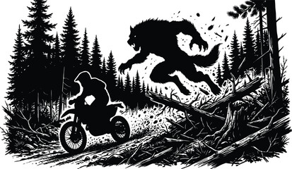Action-Packed Vector Silhouette of Werewolf Chasing Dirt Bike Rider in Dark Forest, High Contrast Woodcut Style Monster Hunt Scene Illustration for Web and Print Graphics. © Masum