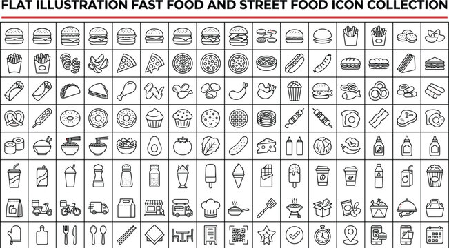 Fast street food outline icon collection with restaurant menu snacks desserts drinks delivery service symbols line vector illustration