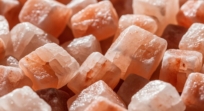 Close-up of pink Himalayan salt crystals showcasing raw mineral texture