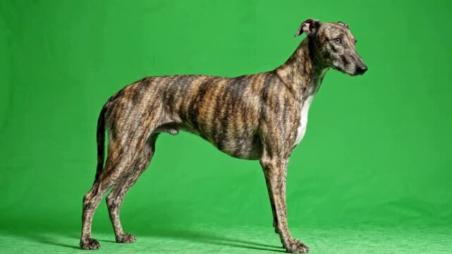 A graceful brindle Whippet dog stands in a side profile captured in a studio against a green screen perfect for pet-themed designs and advertising