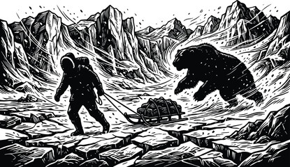 Dramatic Black and White Woodcut Vector Illustration of an Arctic Explorer Pulling a Sled Through a Snowstorm in the Mountains While Being Pursued by a Large Wild Polar Bear Predator. © Masum