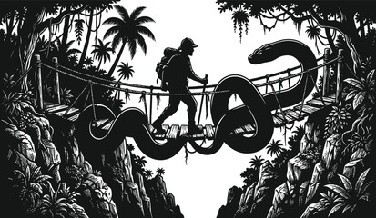 Dramatic Black and White Adventure Illustration of a Hiker Facing a Giant Jungle Snake on a Narrow Rope Bridge, Perfect for Survival, Outdoor Travel, and Wild Nature Exploration Themes. © Masum
