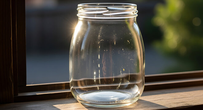 Empty glass jar reflecting sunlight, casting shadows on a wooden surface, with a blurred natural background