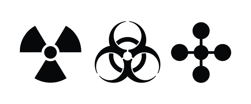Radiation, biological and chemical hazard vector icon collection featuring radioactive, biohazard and toxic substance warning symbols, industrial safety signs, modern flat vector illustration isolated