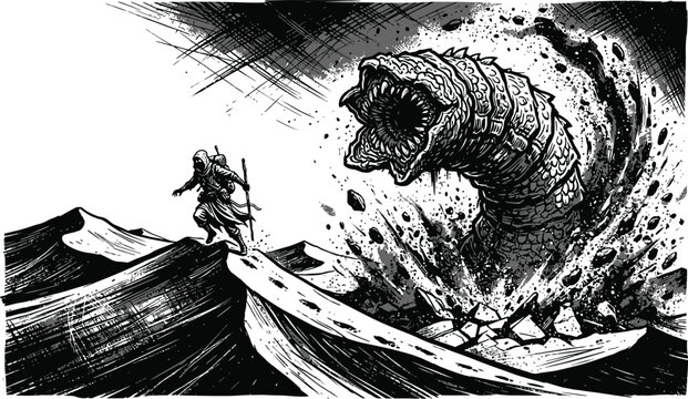 Epic Black and White Vector Illustration of a Courageous Hooded Warrior Confronting a Giant Sand Worm Monster in a Desolate Desert Landscape with High Contrast Gritty Details
