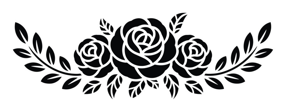 結婚招待状や芸術プロジェクト向けの装飾的な葉と枝を持つ白黒花柄バラシルエット