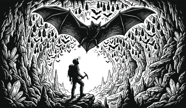 Brave Explorer Discovering Mysterious Cave Swarming with Bats and Large Flying Creature, Vintage Engraving Vector for Adventure and Spooky Themes, Black and White Cave Art Illustration