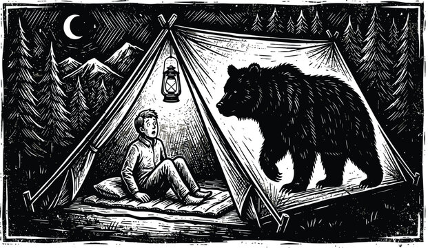 Rustic woodcut vector of a man surprised by a large bear inside a camping tent at night. Features mountains, pine forest, lantern, and crescent moon in a vintage wilderness style.