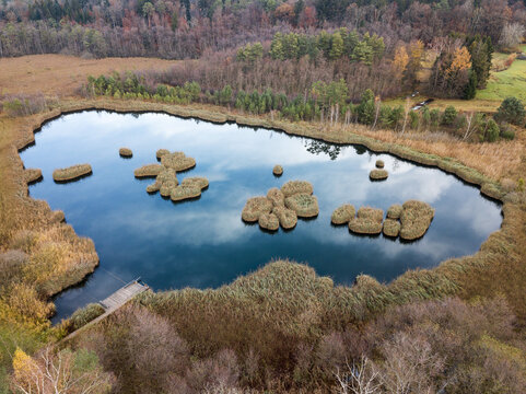 Aerial image of a pond with floating mats, which were cut of from peat block covered with growing shrubs in old times.