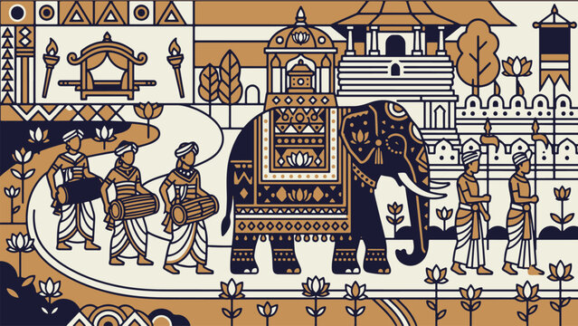 Traditional Sri Lankan Esala Perahera Festival Vector Illustration with Cultural Heritage Elements