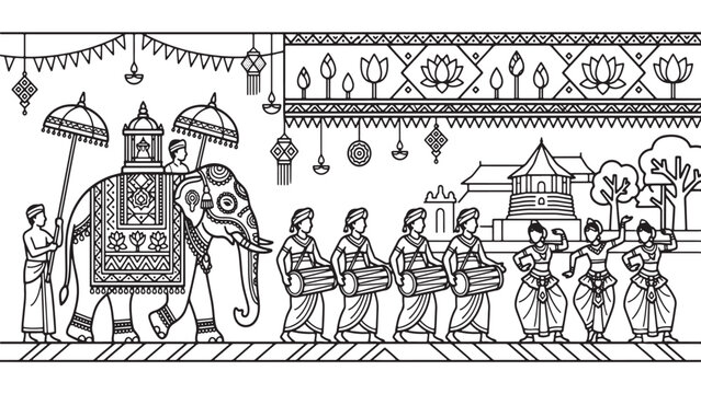 Traditional Sri Lankan Esala Perahera Festival Vector Illustration with Cultural Heritage Elements