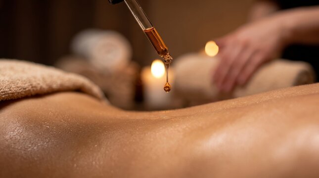 Close Up Essential Oil Dropping on Woman Back During Professional Spa Massage Treatment for Wellness and Relaxation