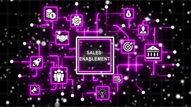 Sales enablement digital network concept with neon glowing and business growth strategy infographic animation for corporate marketing presentations