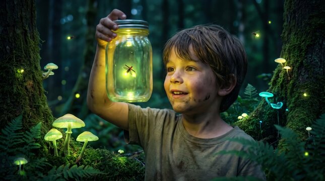 Little Boy Catching Fireflies in a Jar in Enchanted Magical Night Forest