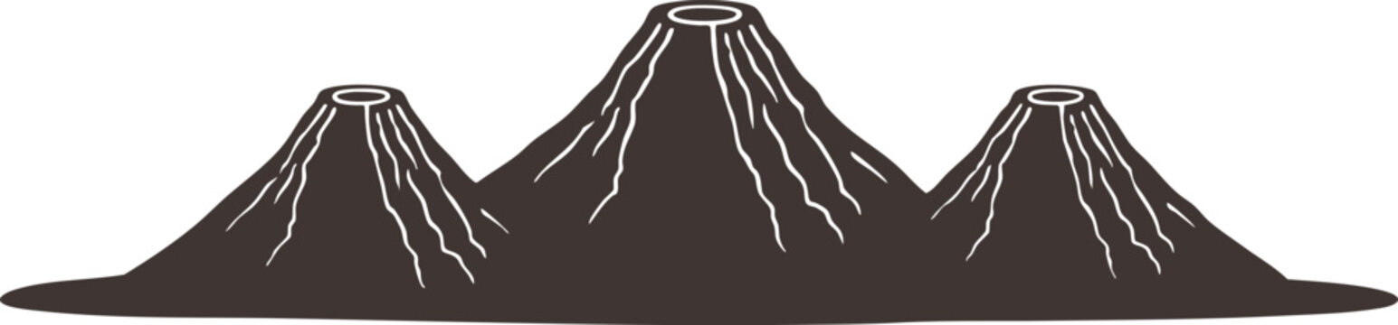 Dark volcanic mountain range with three crater peaks