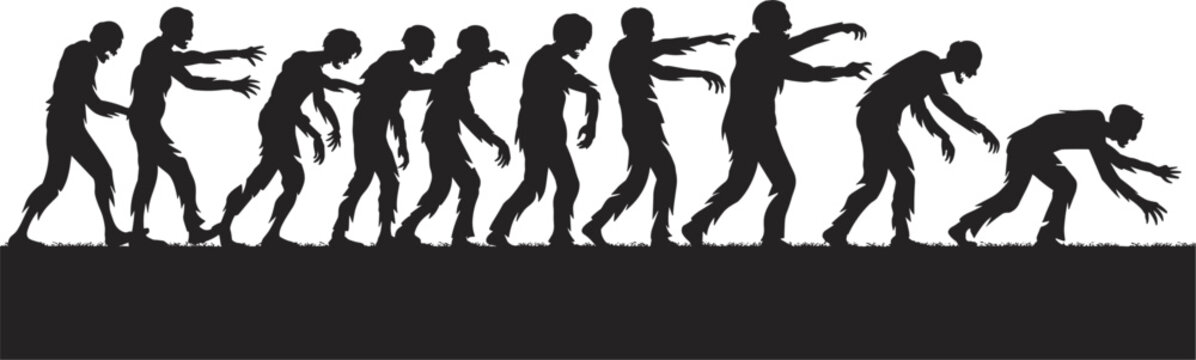 Silhouette of a horde of zombies walking in a line with tattered clothes and outstretched arms against a white background