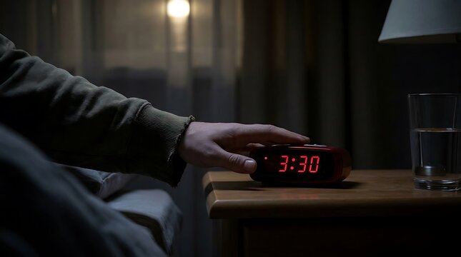 Hand reaching to turn off red digital alarm clock at 3:30 am in dark room.